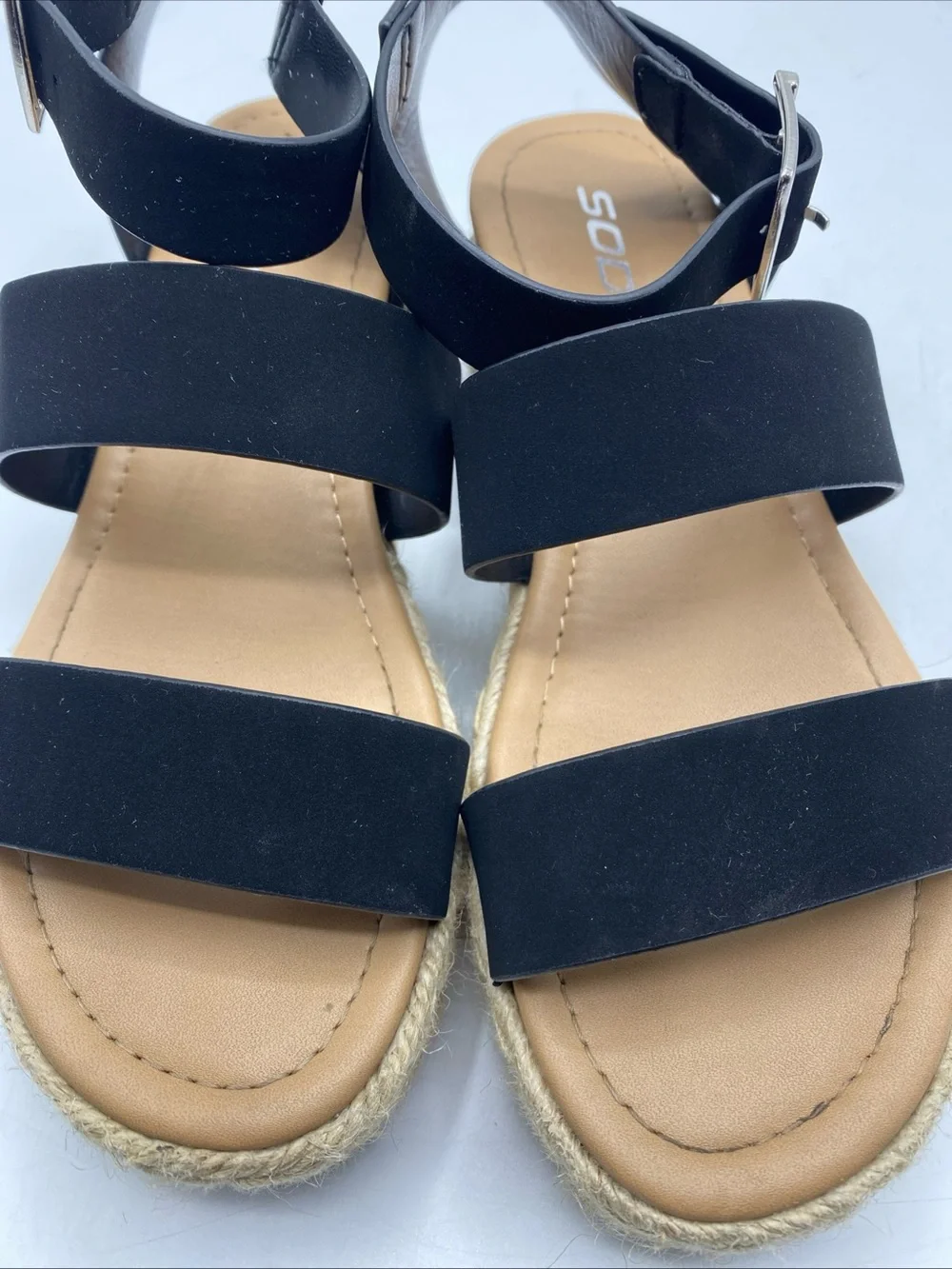 Espadrille Elevated Sandals Natural Woven Black Strap Summer Shoe 6 Soda